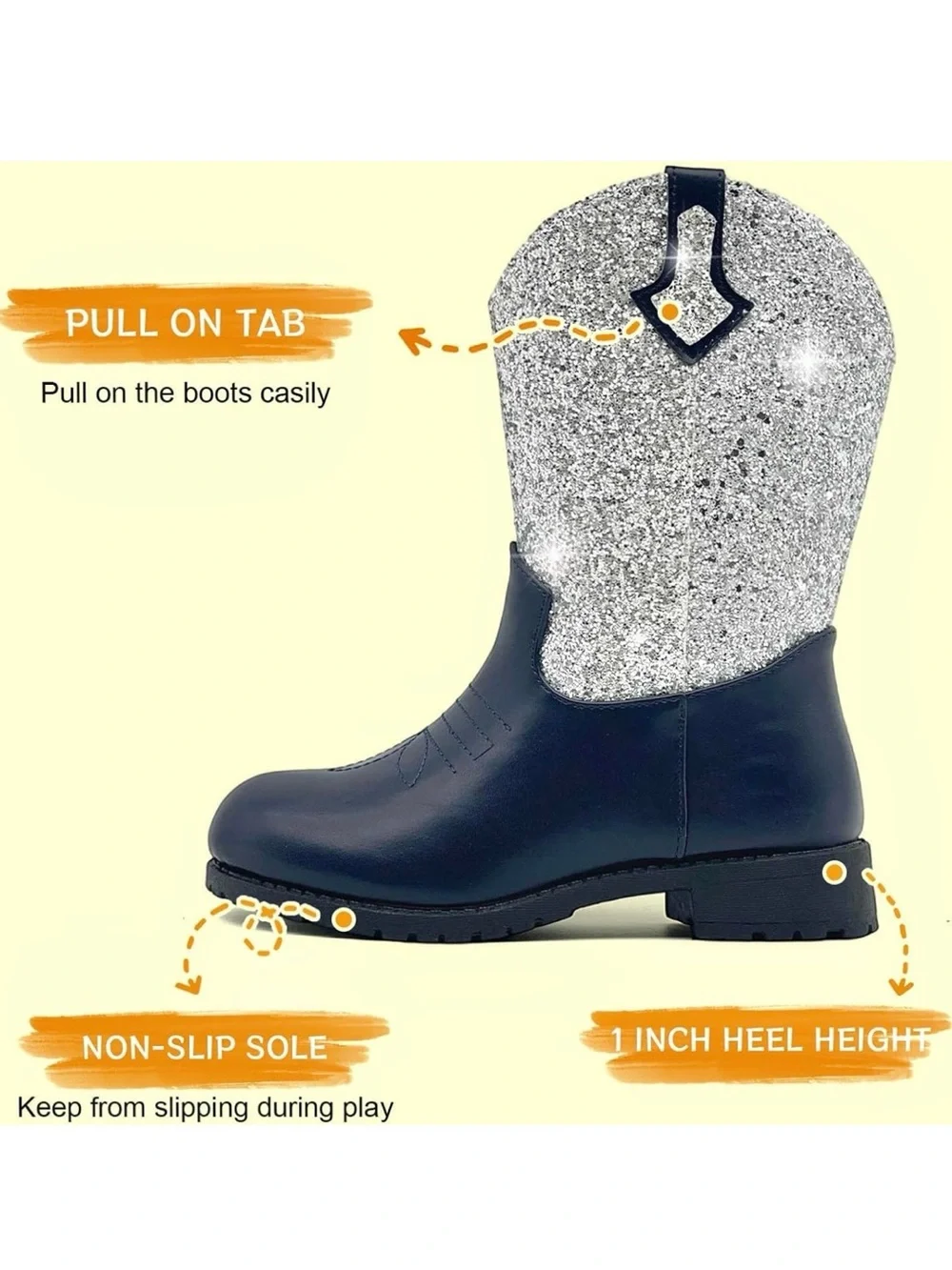 Girls Sparkle Cowgirl Boots | Silver and Navy | Big Kids Size 1 | NWT